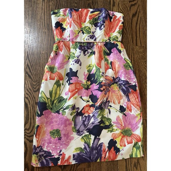 J Crew Strapless 100% Silk Mini Dress Size 0 Cream Watercolor Lined Pockets EUC - Picture 9 of 14